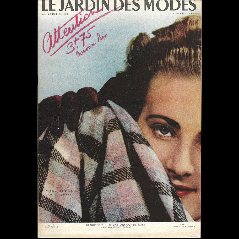 Le Jardin des Modes, n°252, 1er mars 1938, tissu Rodier, gants Hermès