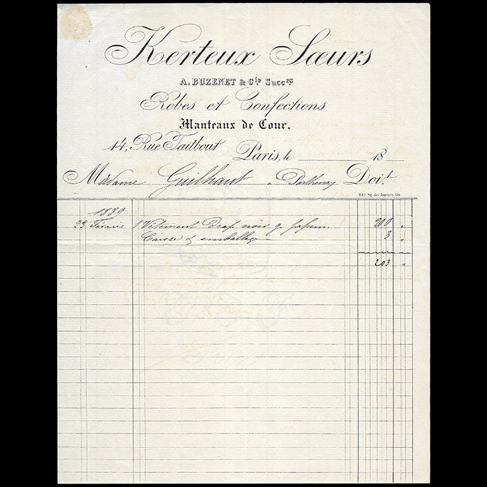 Kerteux Soeurs, Buzenet & cie successeurs - Facture de la maison de couture, 14 rue Taitbout à Paris (1889)