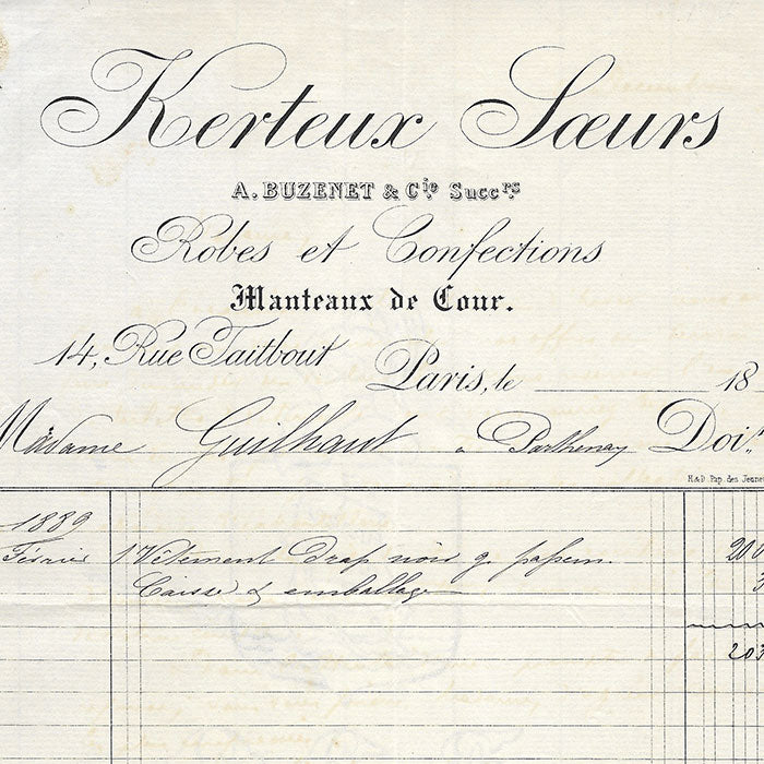 Kerteux Soeurs, Buzenet & cie successeurs - Facture de la maison de couture, 14 rue Taitbout à Paris (1889)