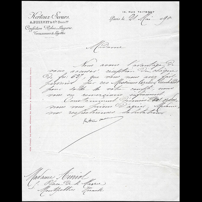 Kerteux Soeurs, Buzenet & cie successeurs - Correspondance de la maison de couture, 14 rue Taitbout à Paris (1890)