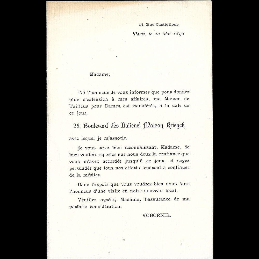 Kriegck Tailors - Lettre d'annonce de changement d'adresse, 28 boulevard des Italiens à Paris (1893)