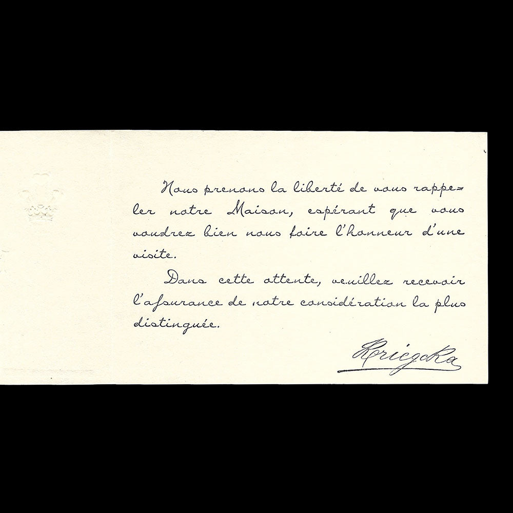 Kriegck Tailors - Carte d'invitation, 28 boulevard des Capucines à Paris (circa 1910)