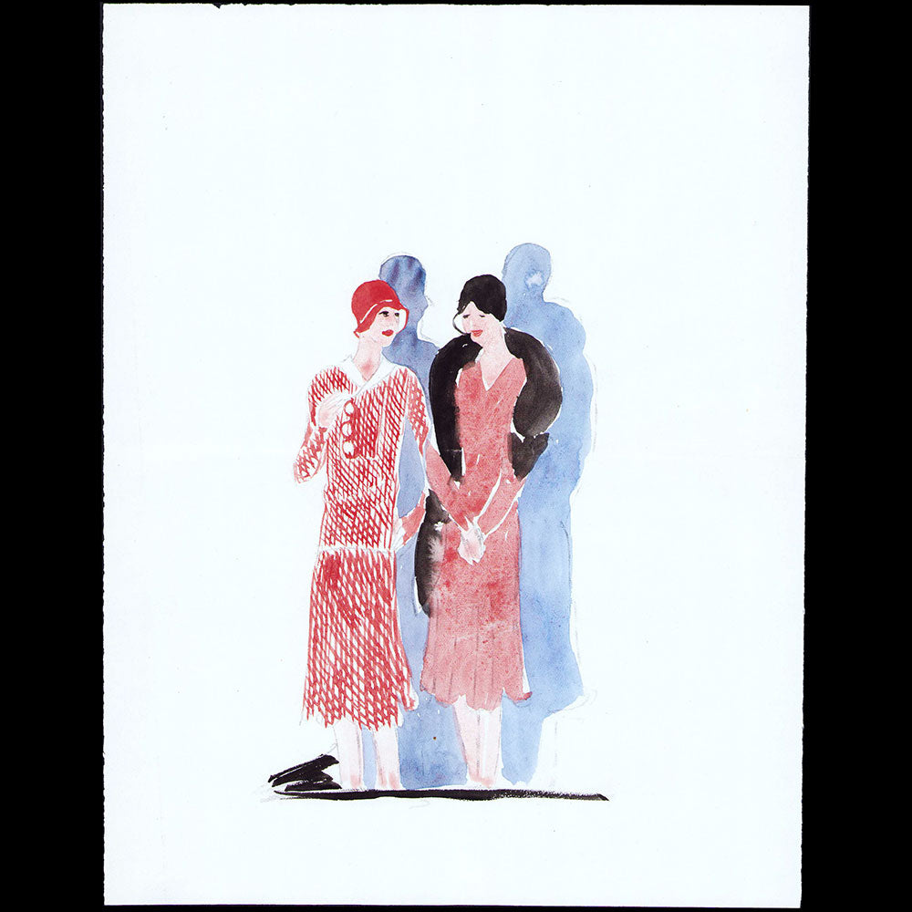 Elégantes en robes, dessin de L'hom pour une revue de mode (1920s)