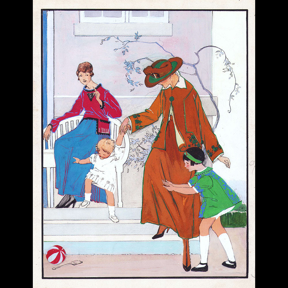 Les Elégantes et les enfants, dessin de L'hom pour une revue de mode (1910s)