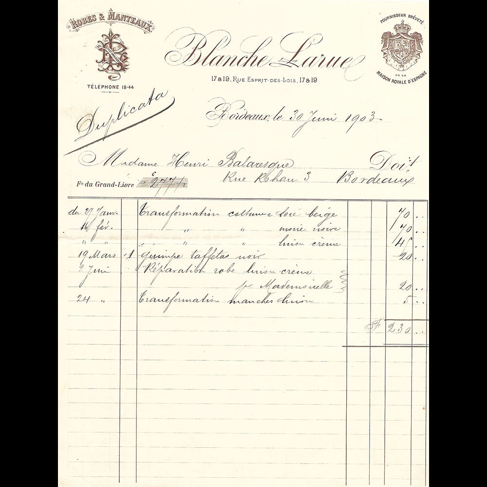 Blanche Larue - Facture de la maison de couture, 17 rue Esprit des Lois à Bordeaux (1903)