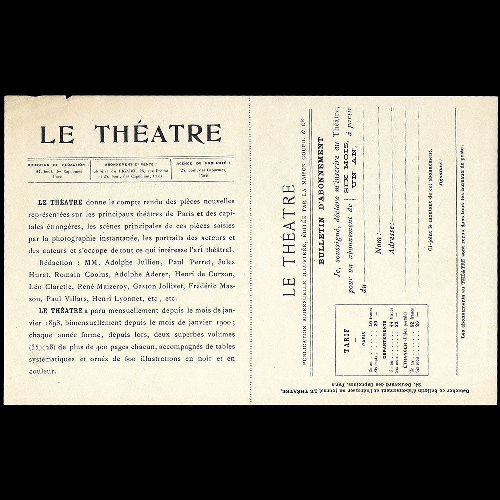 Le Théâtre - Document de présentation et d'abonnement (1902)