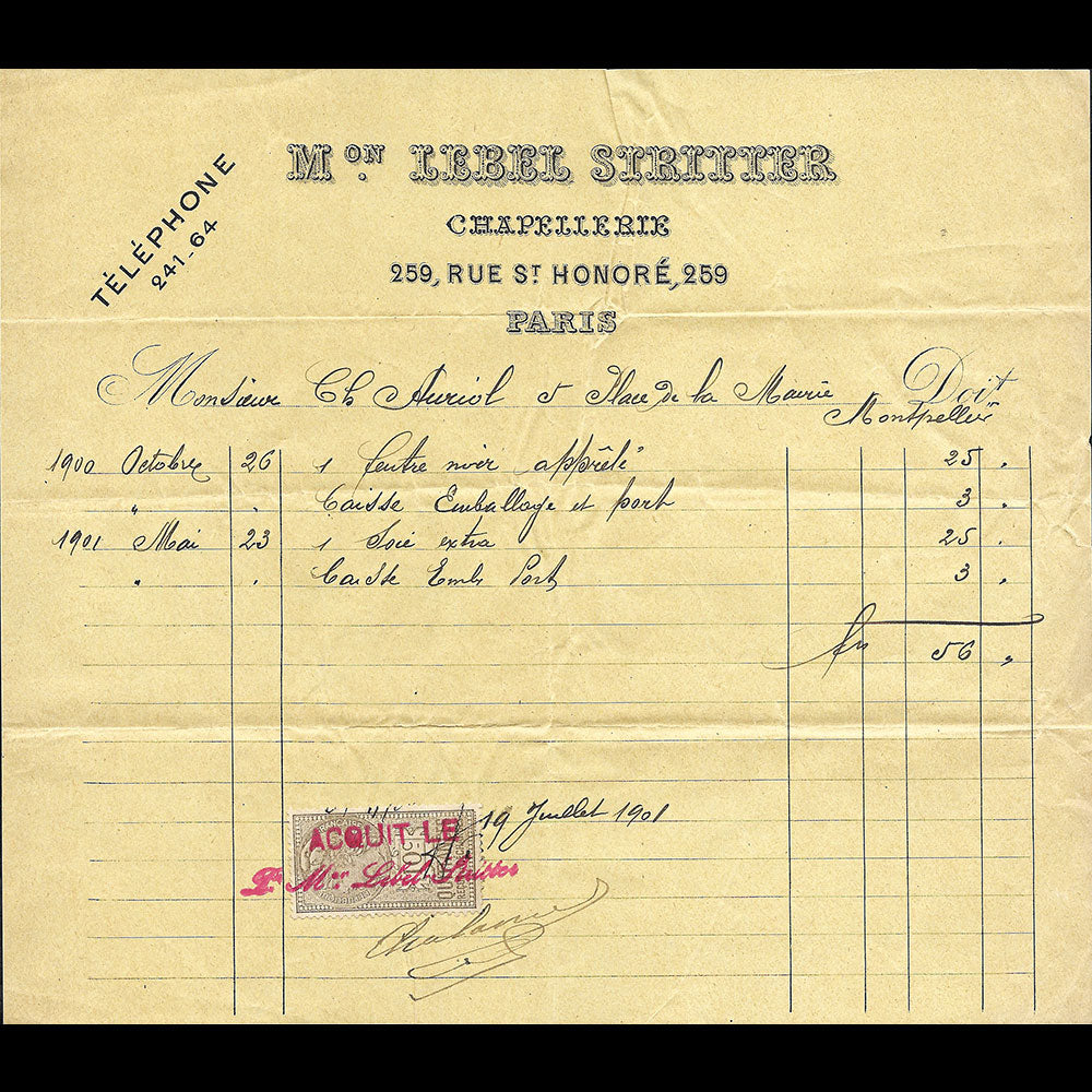 Lebel Stritter - Facture du chapelier, 259 rue Saint Honoré à Paris (1901)