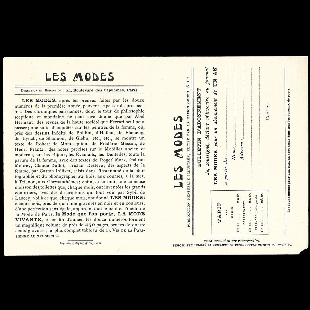 Les Modes - Document de présentation et d'abonnement (1902)