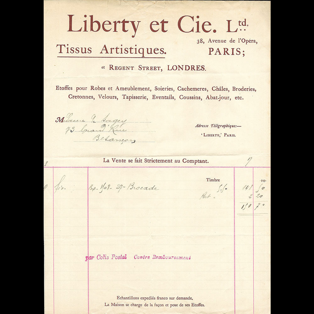 Liberty et Cie - Facture de la maison de tissus, 38 avenue de l'Opéra à Paris (1910s)