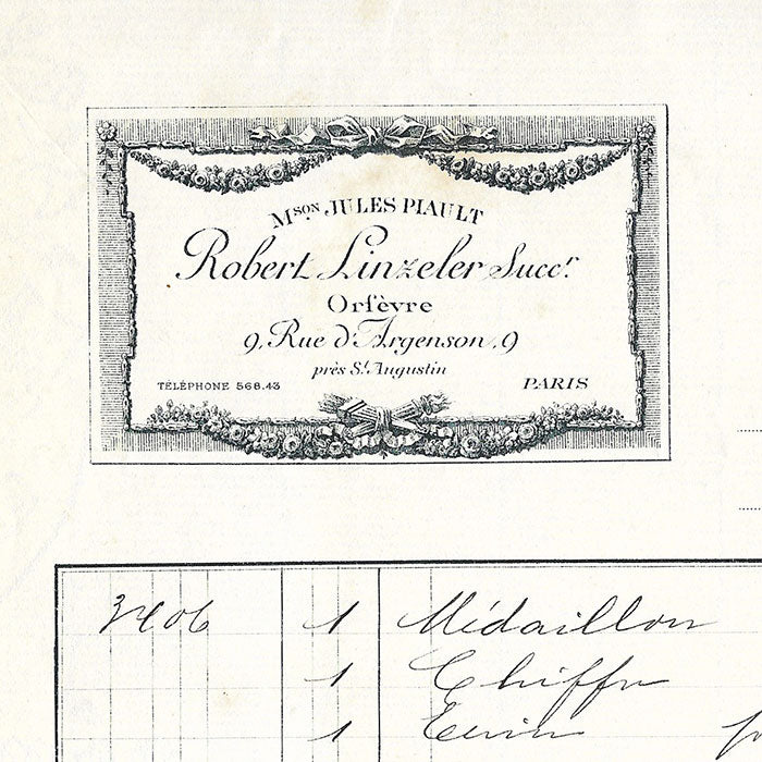 Robert Linzeler - Facture de la maison d'orfèvrerie, 9 rue d'Argenson à Paris (1907)