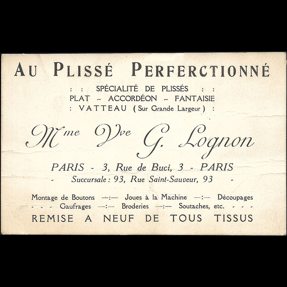 Lognon - Carte de la maison Au plissé perfectionné, 3 rue de Buci à Paris (circa 1900-1910s)