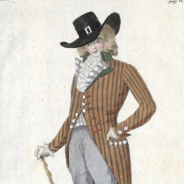 Magasin des Modes Nouvelles Françaises et Anglaises, 2ème cahier, planche 3 - Homme en habit de drap feuille mort à raies vertes (1786)