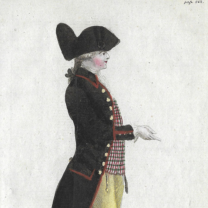 Magasin des Modes Nouvelles Françaises et Anglaises, 33ème cahier, planche III - Jeune homme en frac de drap noir, gilet rayé (1787)