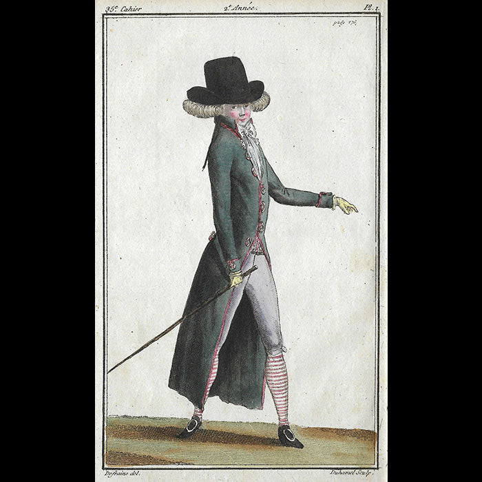 Magasin des Modes Nouvelles Françaises et Anglaises, 35ème cahier, planche I - Jeune homme en habit redingote vert noir (1787)