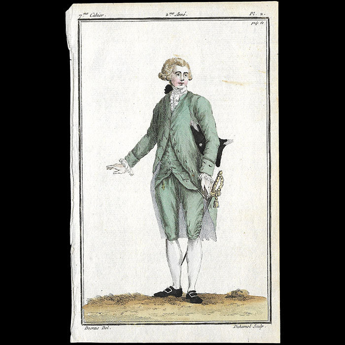 Magasin des Modes Nouvelles Françaises et Anglaises, 7ème cahier, planche 1 - Homme en habit de satin gros vert (1787)