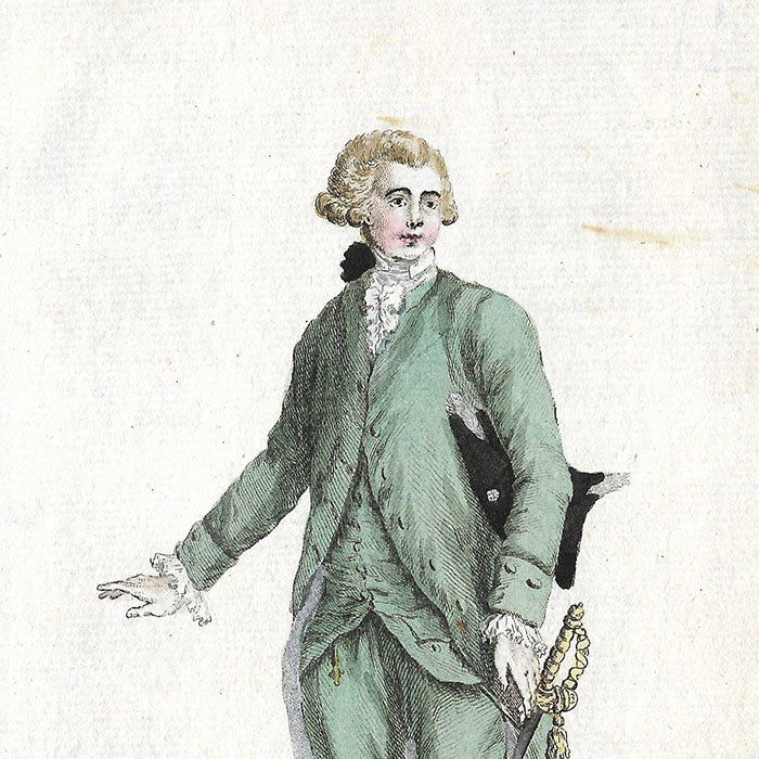 Magasin des Modes Nouvelles Françaises et Anglaises, 7ème cahier, planche 1 - Homme en habit de satin gros vert (1787)