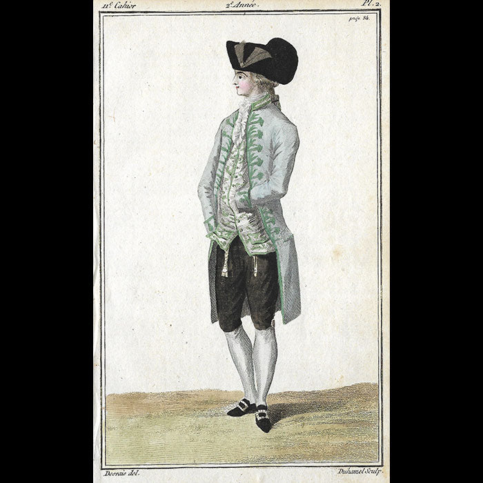 Magasin des Modes Nouvelles Françaises et Anglaises, 11ème cahier, planche 2 - Homme en habit de drap gris ardoise (1787)