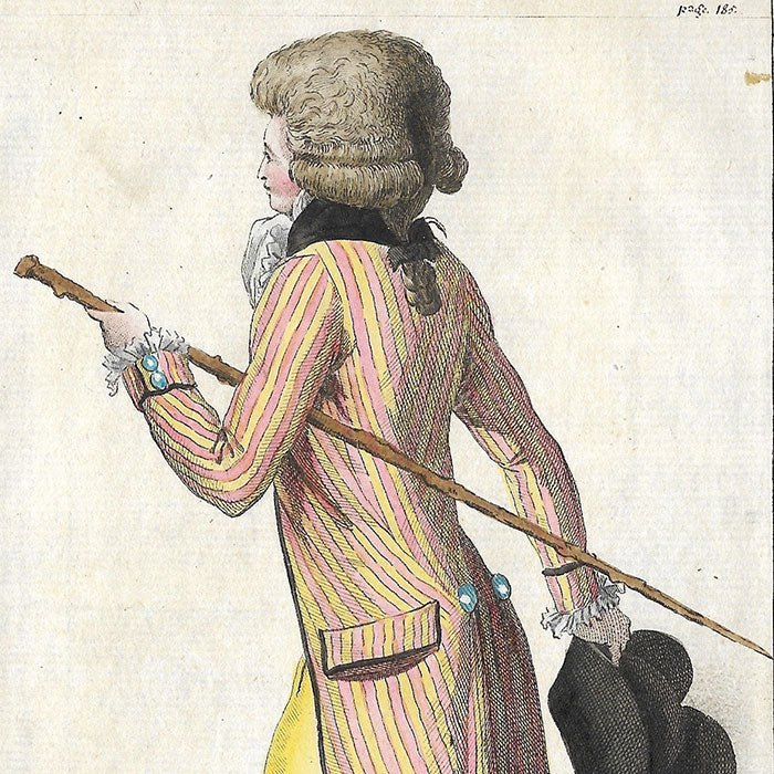 Magasin des Modes Nouvelles Françaises et Anglaises, 24ème cahier, planche 1 - Jeune homme en gilet rayé (1787)