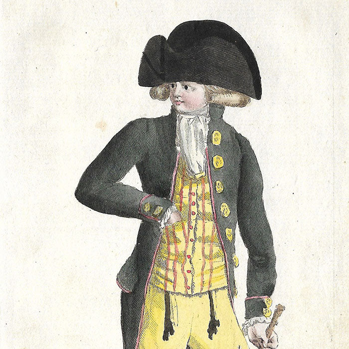 Magasin des Modes Nouvelles Françaises et Anglaises, 23ème cahier, planche 1 - Jeune homme en habit de drap vert noir (1787)