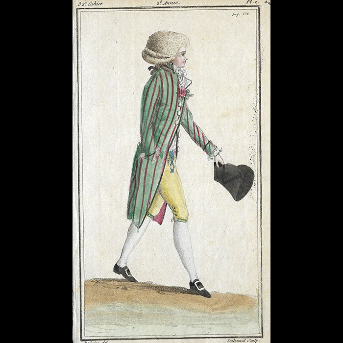 Magasin des Modes Nouvelles Françaises et Anglaises, 32ème cahier, planche 1 - Jeune homme en habit à larges raies (1787)