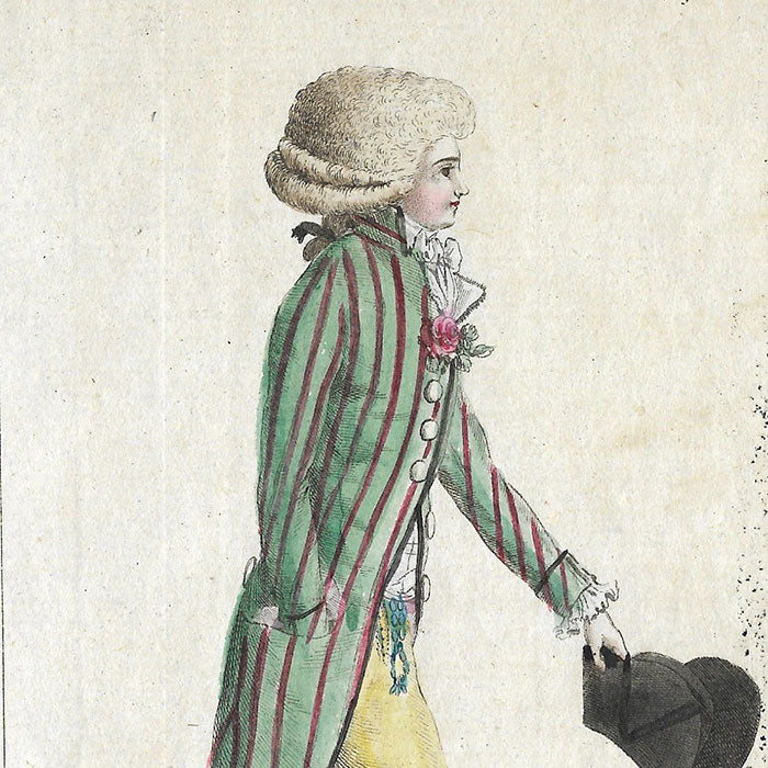 Magasin des Modes Nouvelles Françaises et Anglaises, 32ème cahier, planche 1 - Jeune homme en habit à larges raies (1787)