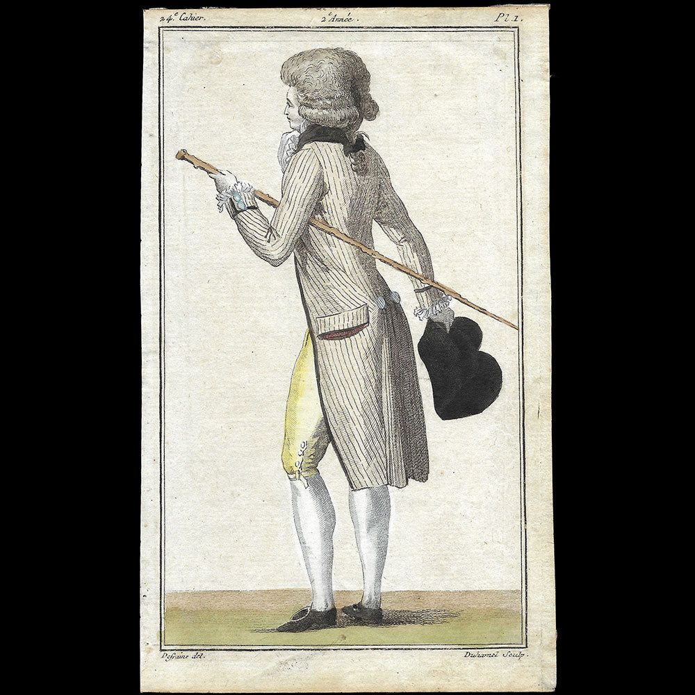 Magasin des Modes Nouvelles Françaises et Anglaises, 24ème cahier, planche 1 - Jeune homme en gilet rayé (1787)