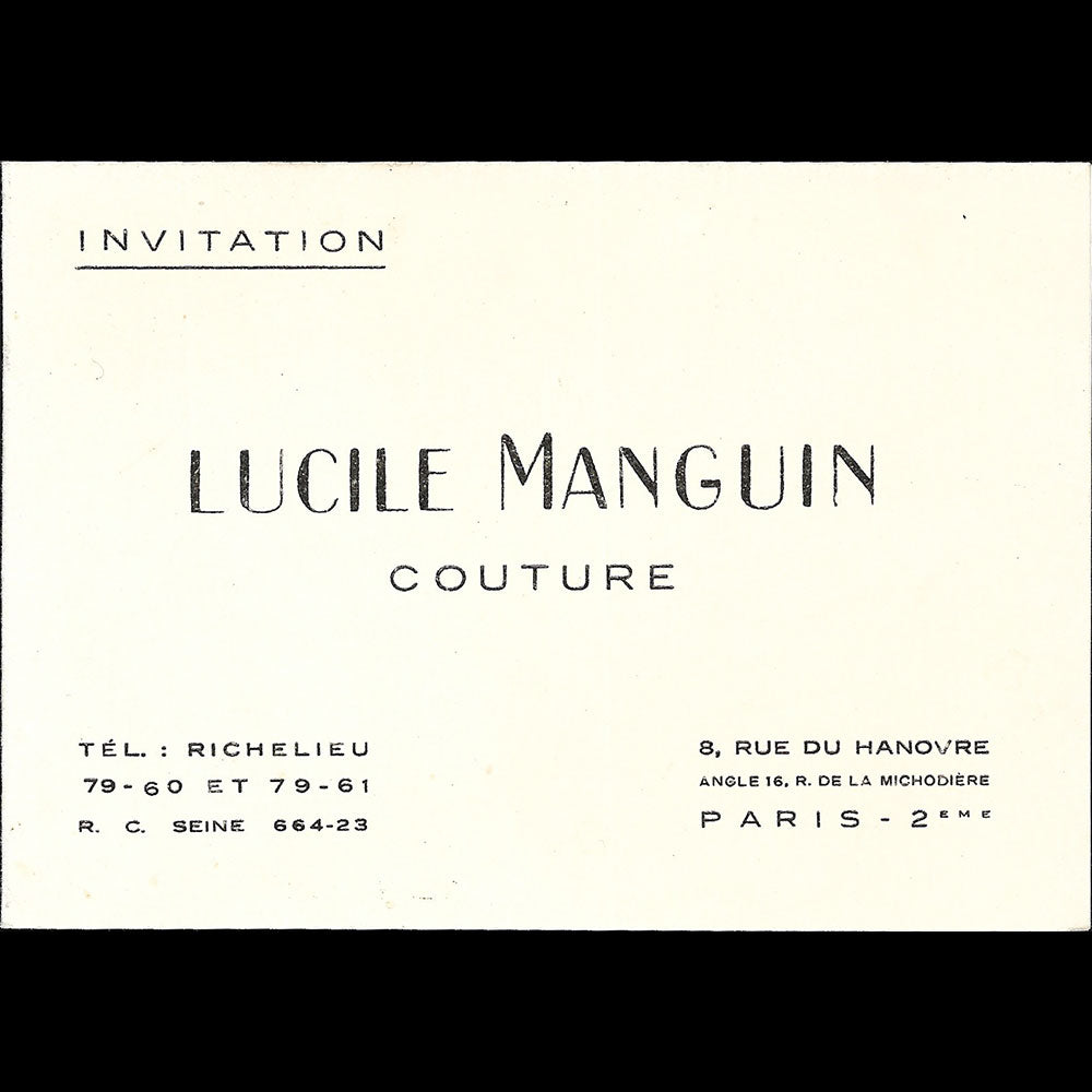 Lucile Manguin - Carton d'invitation de la maison de couture, 6 rue du Hanovre à Paris (1930s)