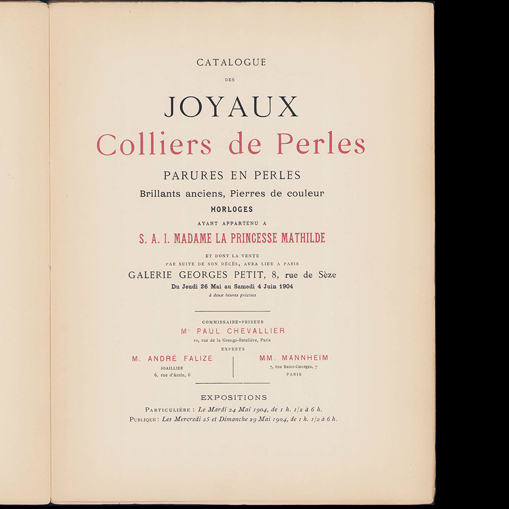 Catalogue des joyaux, colliers de perles, parures en perles brillants anciens, pierres de couleur, horloges ayant appartenu a S.A.I. Madame la Princesse Mathilde (1904)