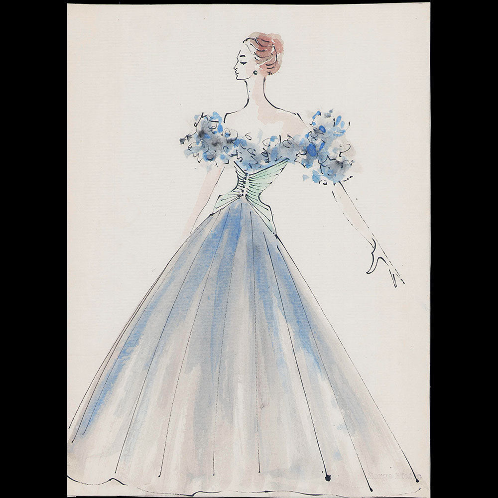 Serge Matta - Dessin de robe du soir pour Schiaparelli ou Fath (1950-1958)