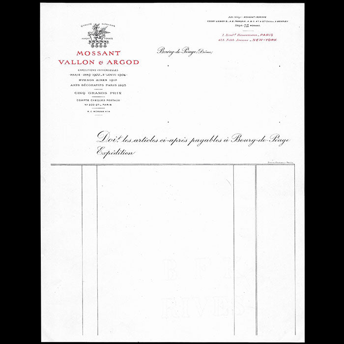 Mossant, Vallon & Argod - Facture de la maison de chapeaux (circa 1925)