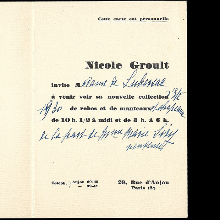 Nicole Groult - Invitation illustrée par Marie Laurencin (1930)