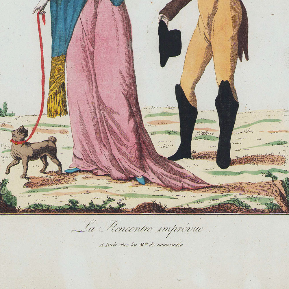 Nouveaux Costumes Français - La Rencontre Imprévue, planche publiée par Les Marchands de Nouveautés (circa 1795)