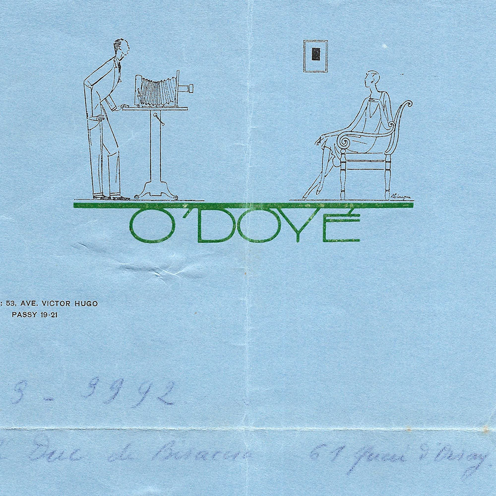 Paul O'Doyé - Facture du photographe, 53 avenue Victor Hugo à Paris (1929)