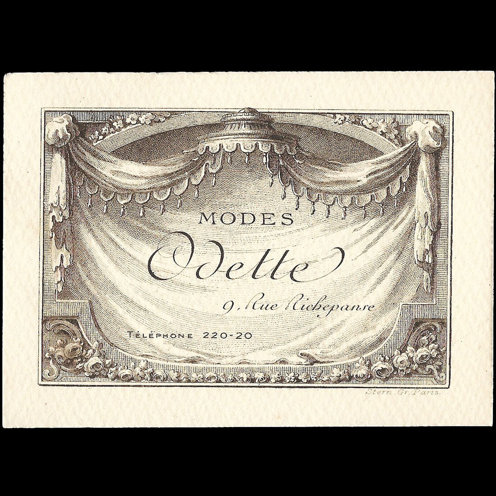 Odette - Carte de la maison de modes, 9 rue Richepanse à Paris (1900s)