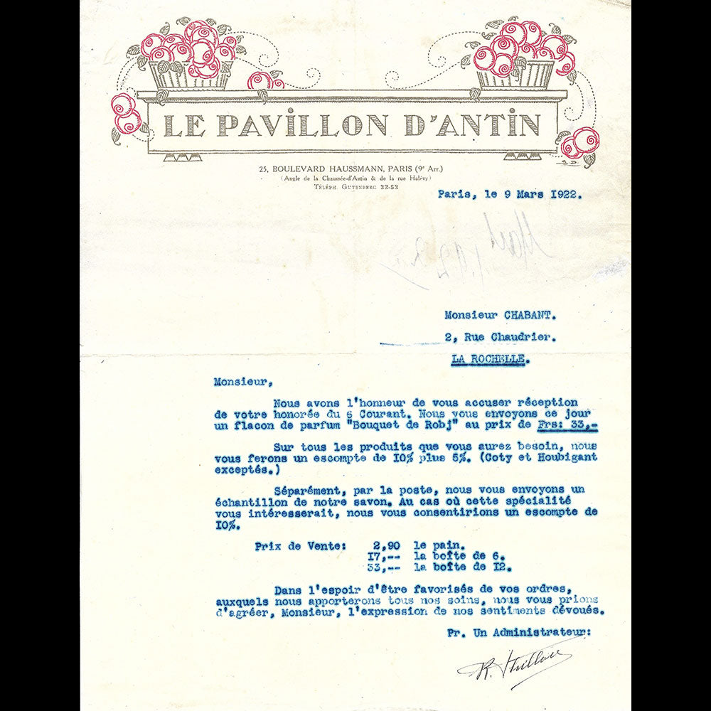 Pavillon d'Antin - Facture de la maison de parfums, 25 boulevard Haussmann à Paris (1922)