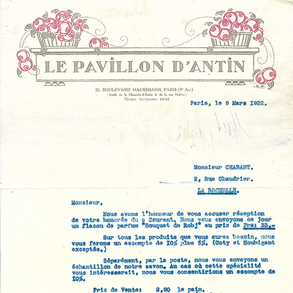 Pavillon d'Antin - Facture de la maison de parfums, 25 boulevard Haussmann à Paris (1922)