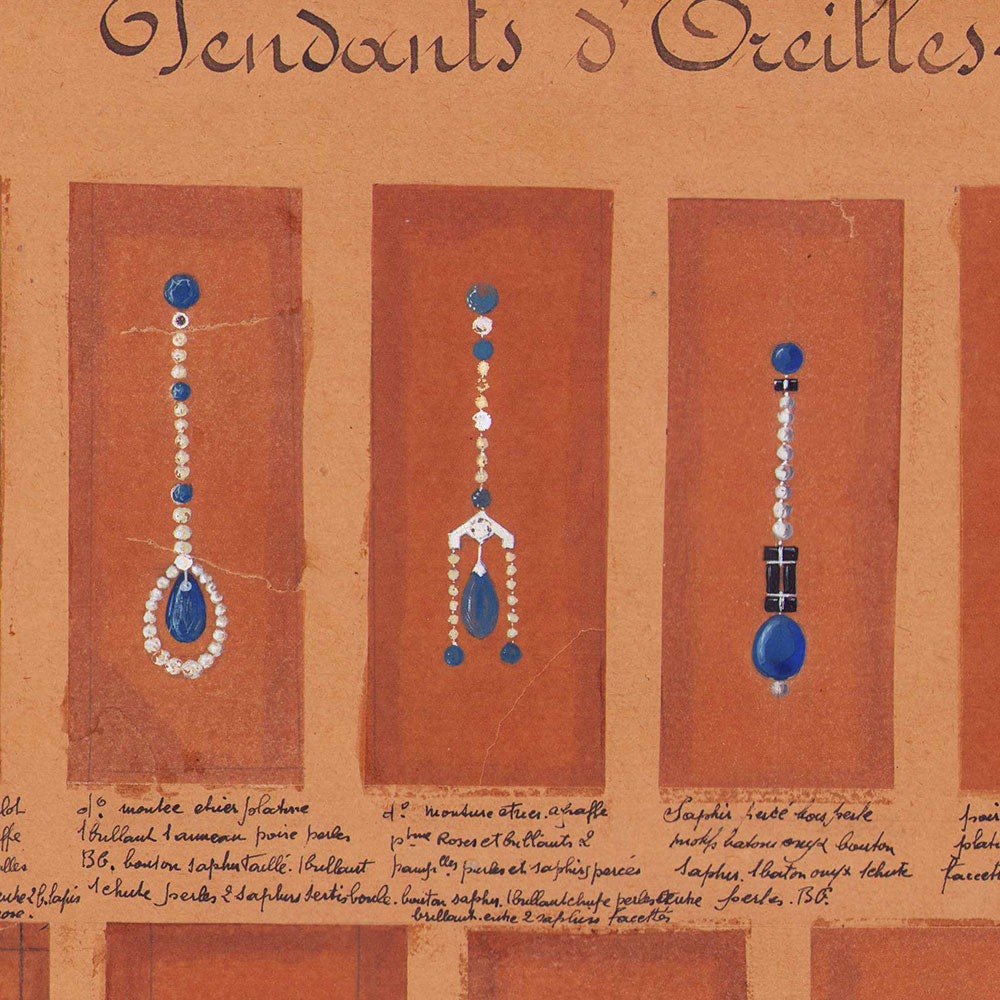 Pendants d'oreilles - Réunion de 19 dessins gouachés d'un joaillier (circa 1925-1930)