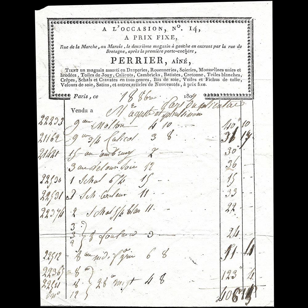 Perrier Ainé - Facture du magasin de tissus A l'Occasion, rue de la Marche à Paris (1809)