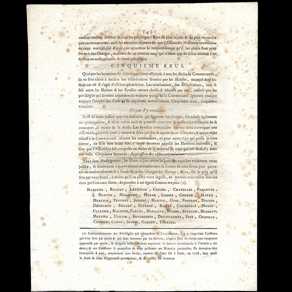 Perruque - Mémoire pour MM. les privilégiés de la communauté des maîtres perruquiers (circa 1790)