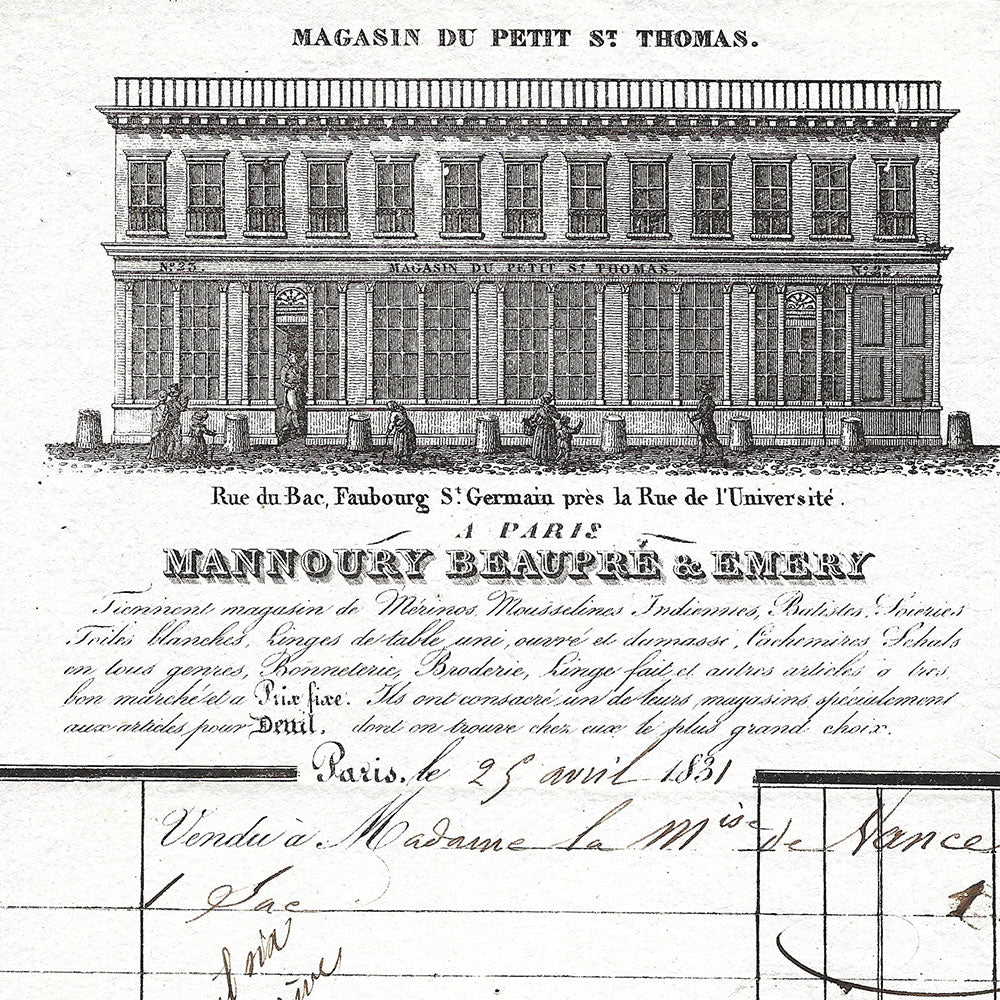 Mannoury, Beaupré et Emery - Facture du magasin du Petit Saint-Thomas, rue du Bac à Paris (1831)