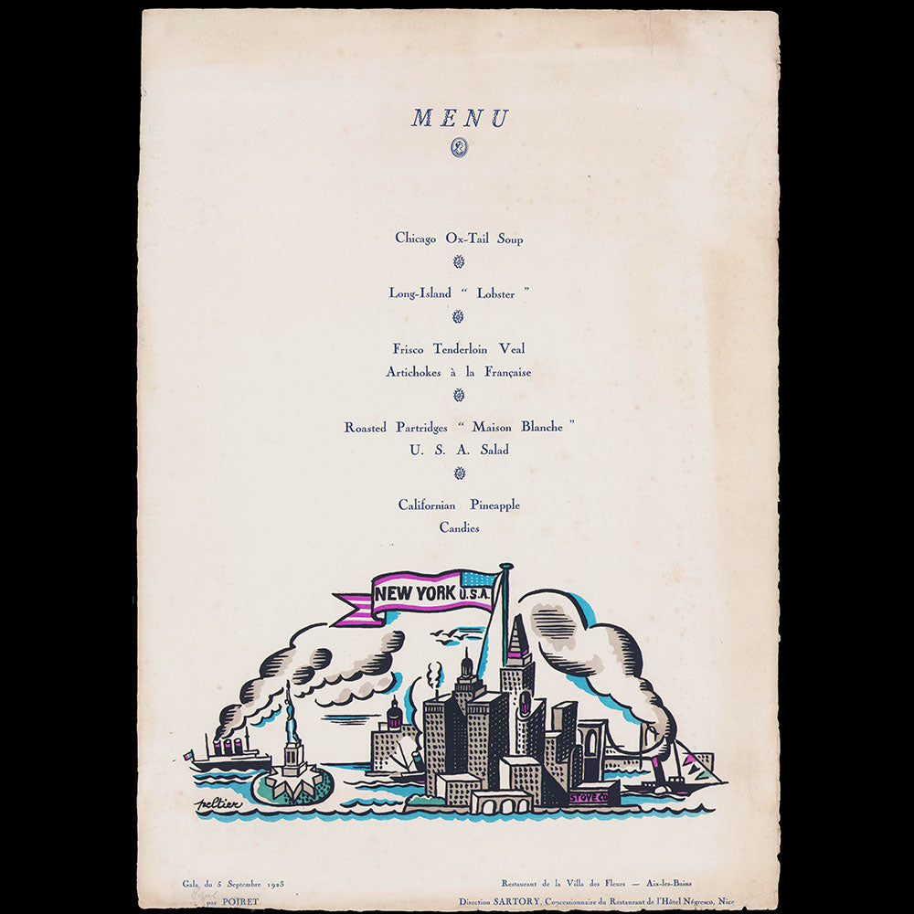 Poiret - Menu illustré par Pierre Peltier pour le gala du 5 septembre 1923 à Aix-les-Bains