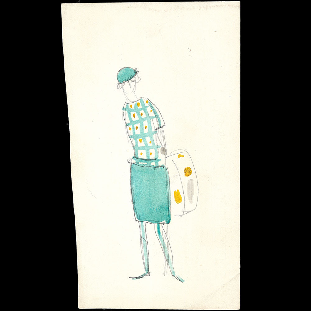 Ray Bret Koch - L'Elégante à la boîte de chapeau, dessin de costume (1920s)