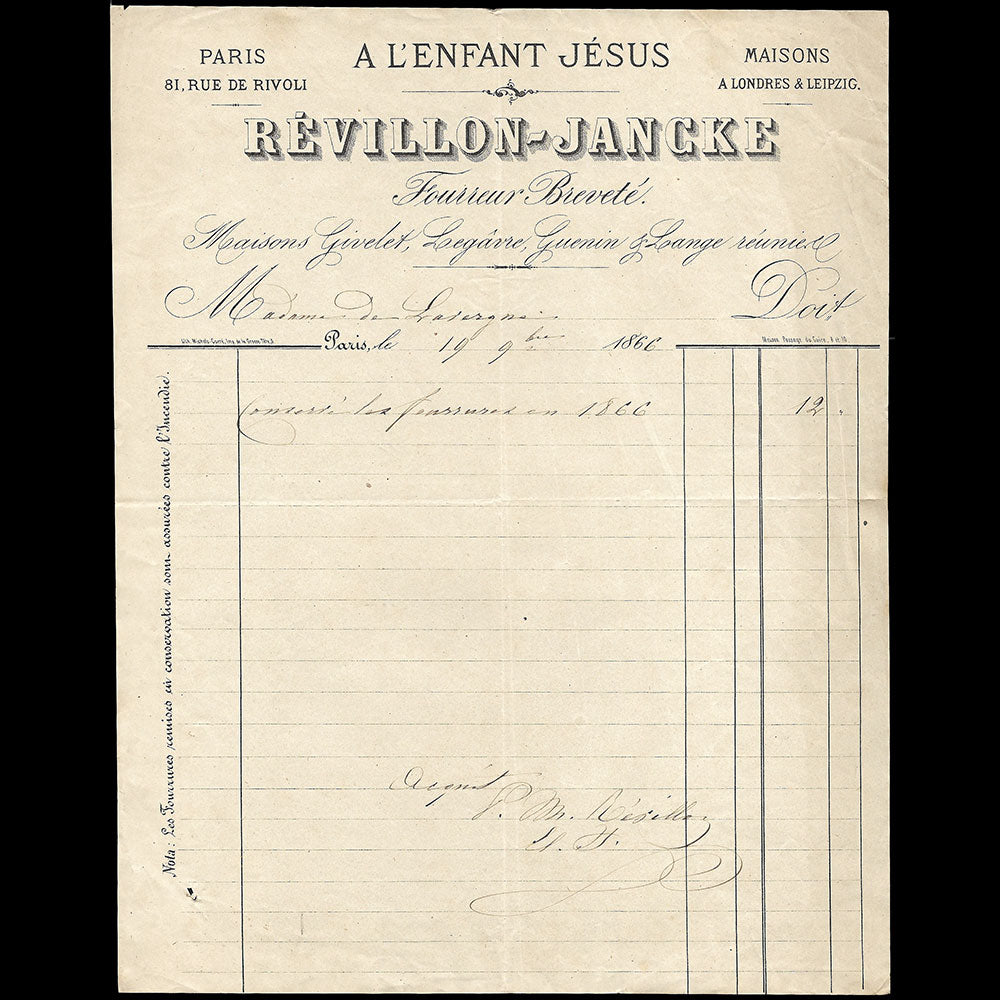 Revillon-Jancke -  Facture de la maison de fourrures A l'Enfant Jésus, 81 rue de Rivoli à Paris (1866)