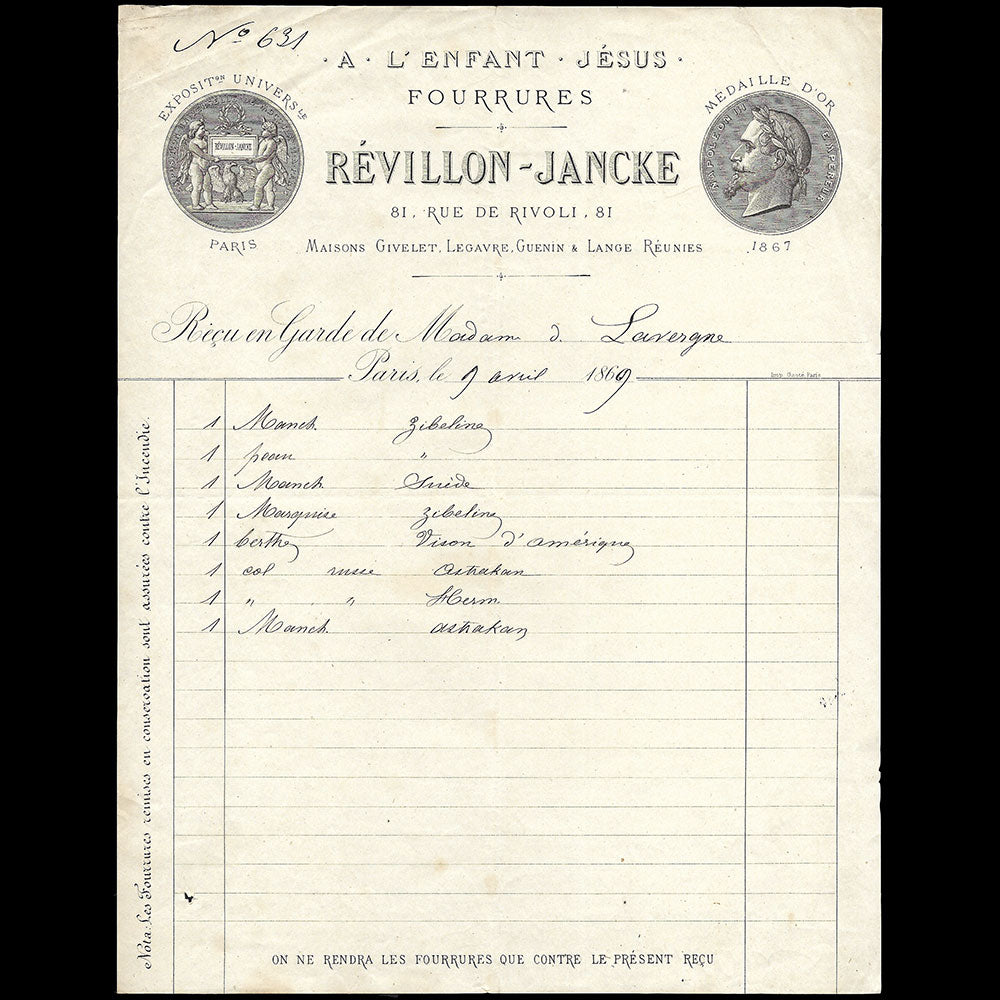 Revillon-Jancke - Facture de la maison de fourrures A l'Enfant Jésus, 81 rue de Rivoli à Paris (1869)