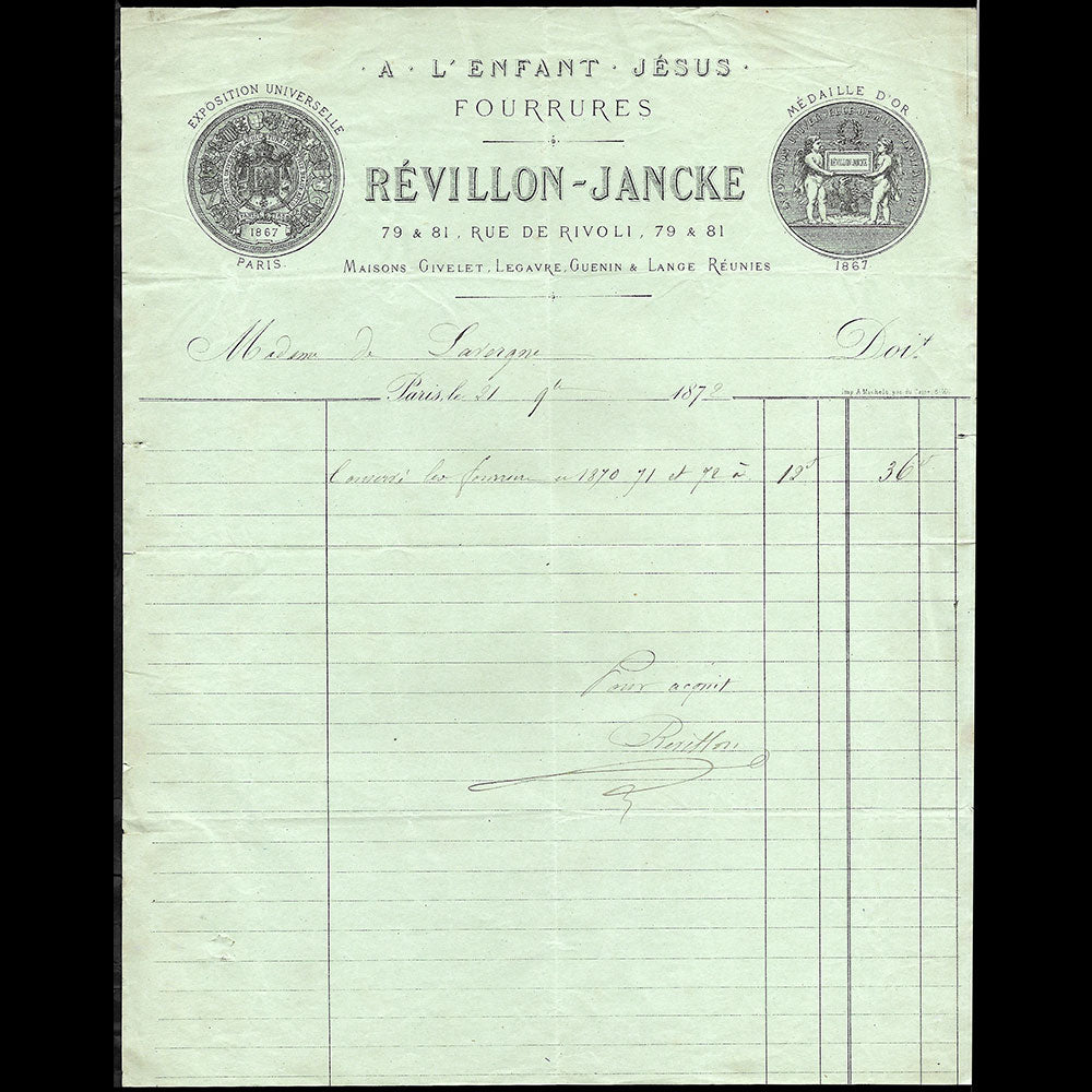 Revillon-Jancke - Facture de la maison de fourrures A l'Enfant Jésus, 81 rue de Rivoli à Paris (1872)