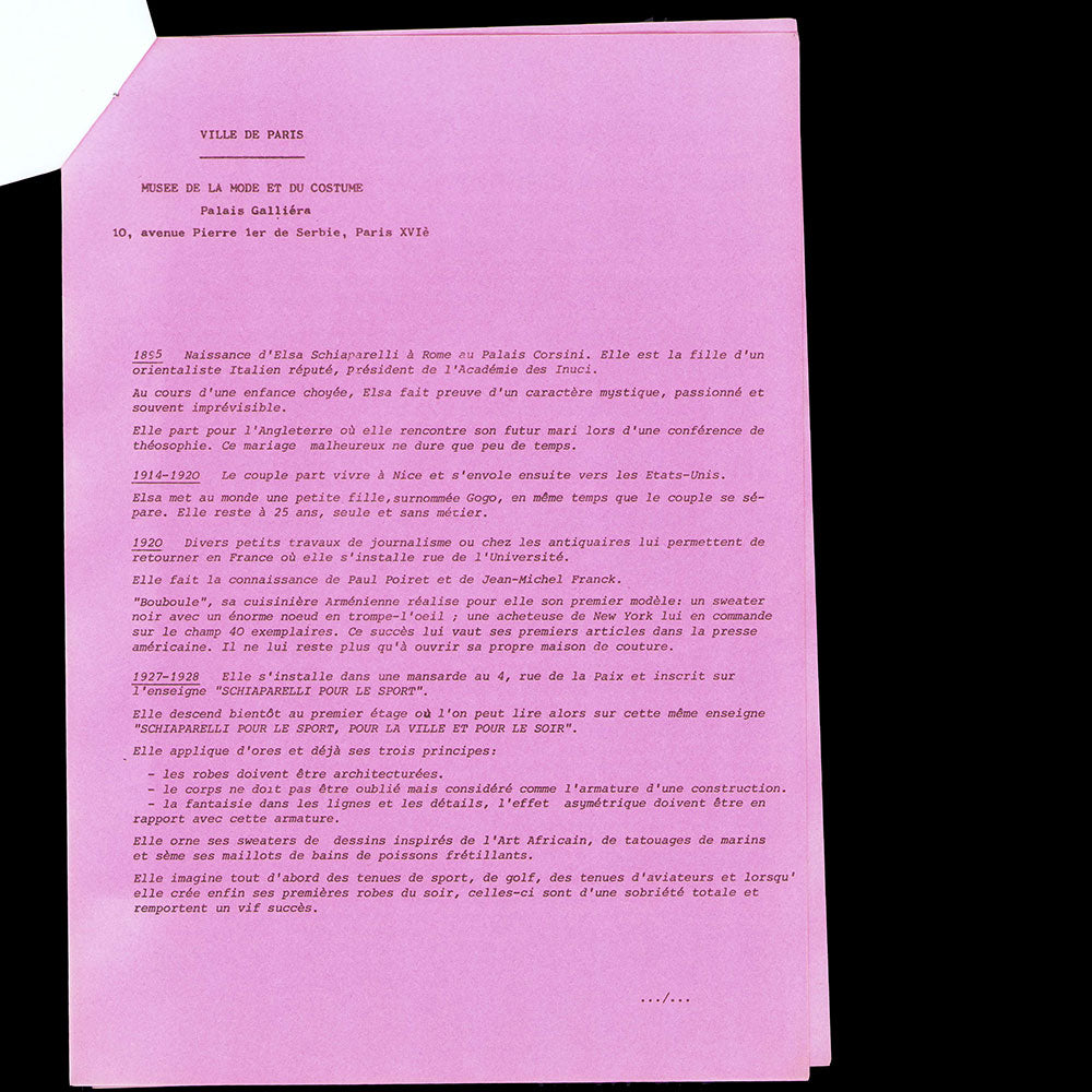 Hommage à Elsa Schiaparelli, dossier de presse (1984)