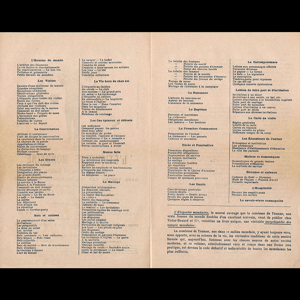 Comtesse de Tramar - Annonce de la parution de L'Etiquette Mondaine (1905)