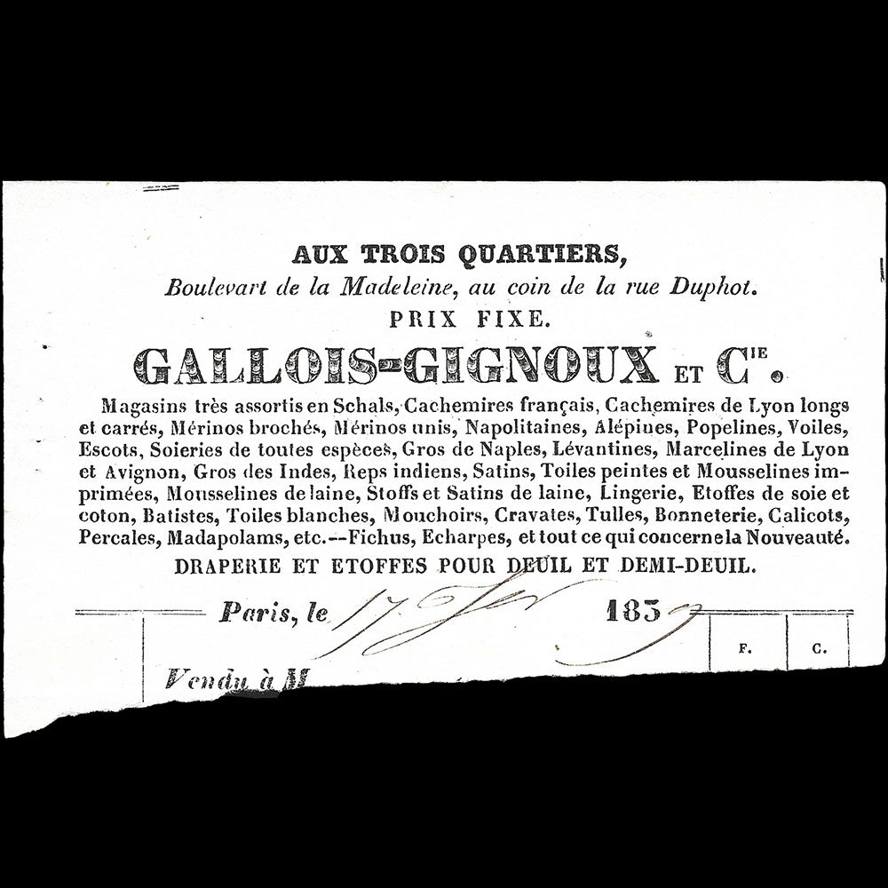 Trois Quartiers - Facture du magasin Gallois-Gignoux et Cie, Boulevard de la Madeleine à Paris (1839)