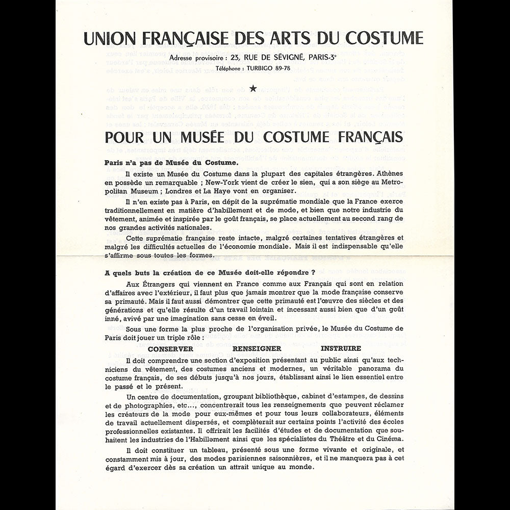 UFAC - Pour un Musée du Costume Français, document de l'Union Française des Arts du Costume (1951)