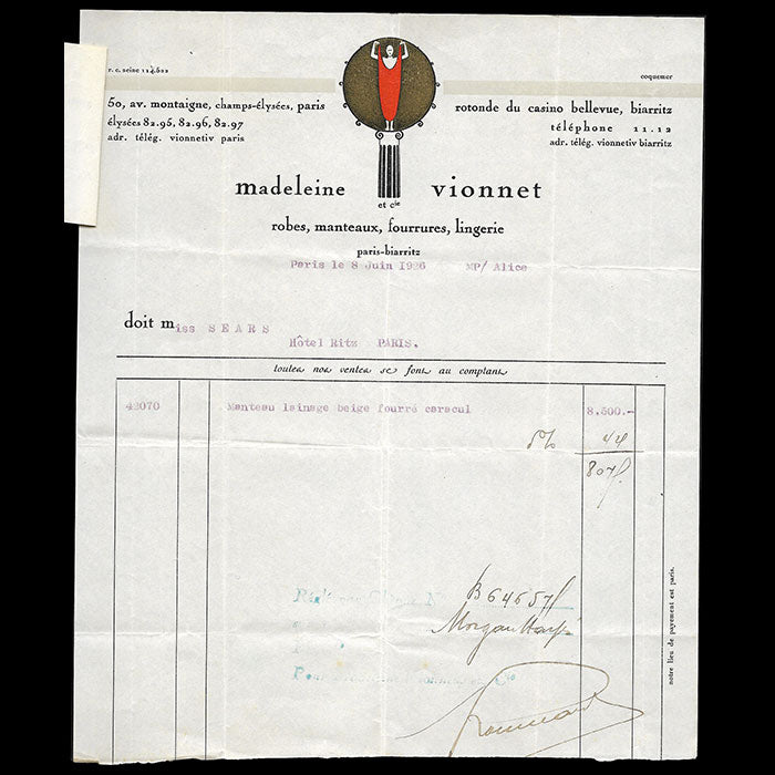 Vionnet - Facture, 50 avenue Montaigne à Paris (8 juin 1926)